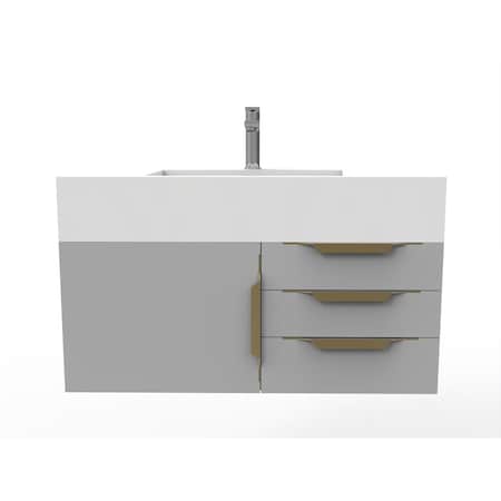 Castello Usa Nile 36" Wall Mounted Gray Vanity With White Top AndAnd Gold Handles CB-MC-36G-GLD-2053-WH